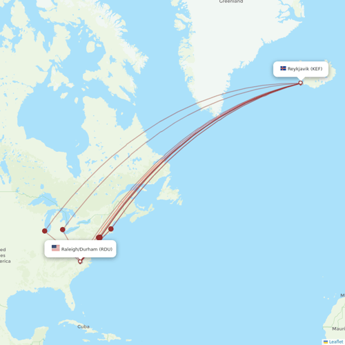 Icelandair flights between Raleigh/Durham and Reykjavik
