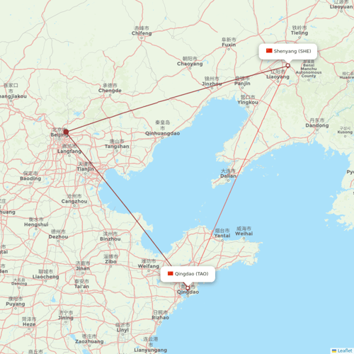 Qingdao Airlines flights between Shenyang and Qingdao