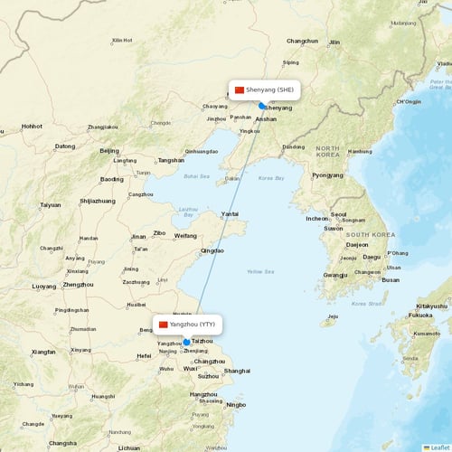 Qingdao Airlines flights between Shenyang and Yangzhou
