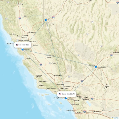 Southwest Airlines flights between Santa Ana and San Jose
