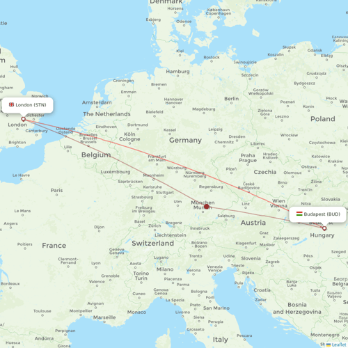 Ryanair flights between London and Budapest