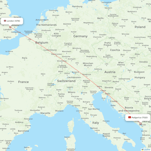 Ryanair UK flights between London and Podgorica