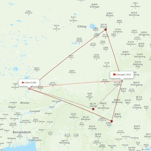 Lucky Air flights between Chengdu and Lhasa/Lasa