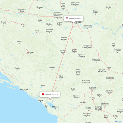 Air Serbia flights between Podgorica and Belgrade