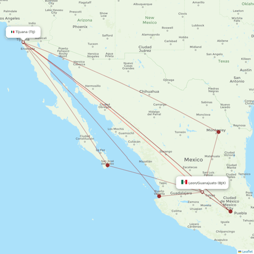 Volaris flights between Tijuana and Leon/Guanajuato