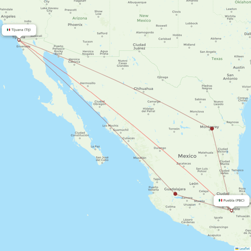 Volaris flights between Tijuana and Puebla