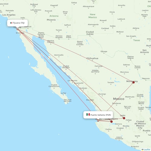 Volaris flights between Tijuana and Puerto Vallarta