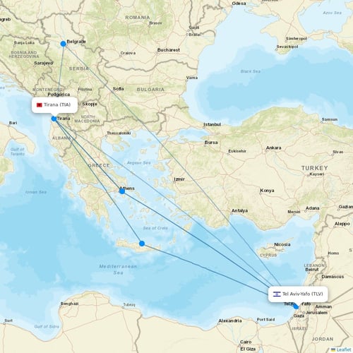 Arkia Israeli Airlines flights between Tel Aviv-Yafo and Tirana