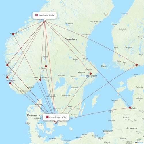 Scandinavian Airlines flights between Trondheim and Copenhagen