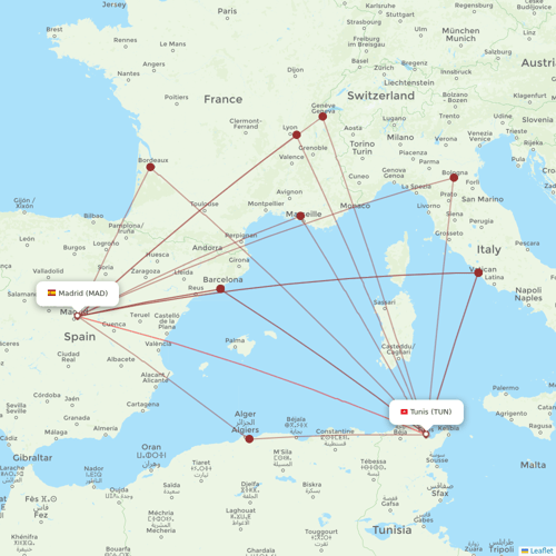 Tunisair flights between Tunis and Madrid