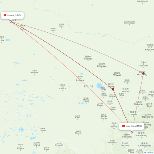 Urumqi Airlines flights between Urumqi and Mian Yang