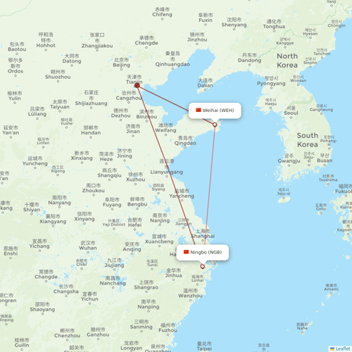 Loong Air flights between Weihai and Ningbo