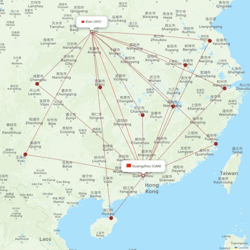 9 Air Co flights between Xian and Guangzhou