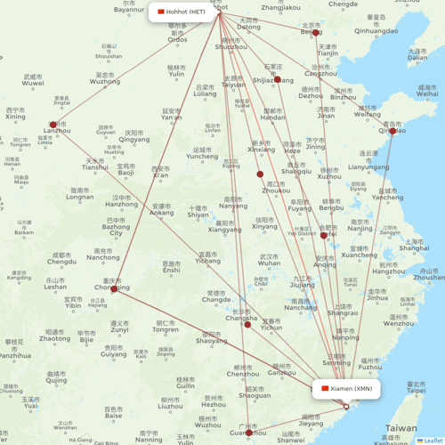 Fuzhou Airlines flights between Xiamen and Hohhot