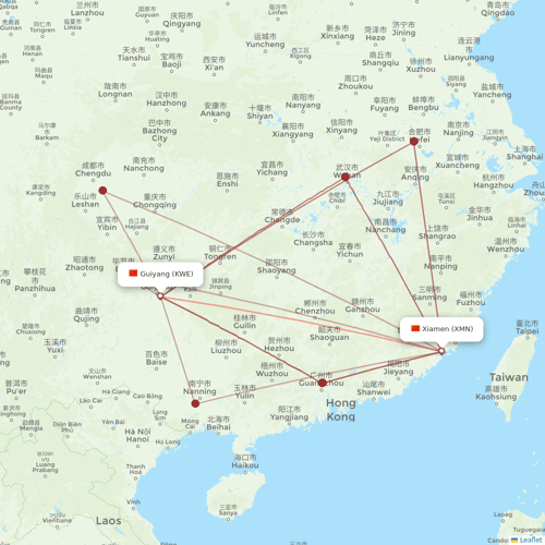 9 Air Co flights between Xiamen and Guiyang