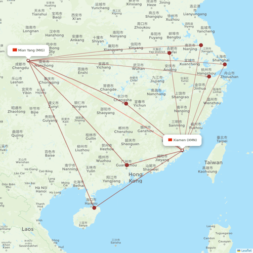 Fuzhou Airlines flights between Xiamen and Mian Yang