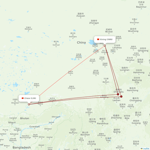 Tibet Airlines flights between Xining and Lhasa/Lasa