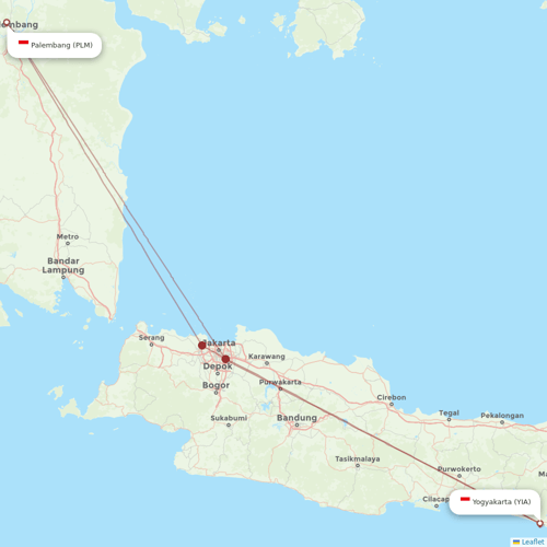 Super Air Jet flights between Yogyakarta and Palembang