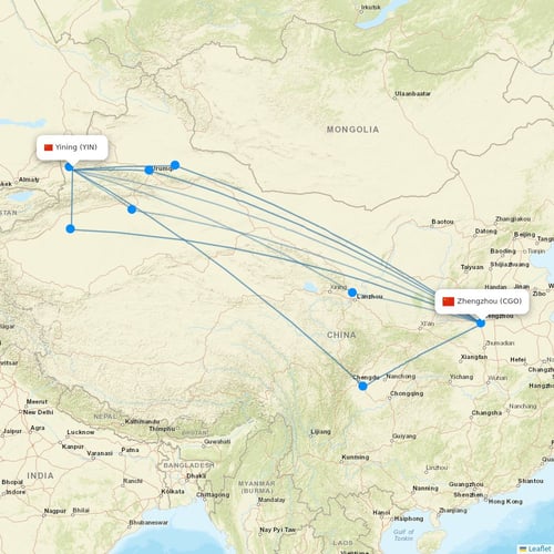 Urumqi Airlines flights between Yining and Zhengzhou