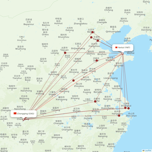 Qingdao Airlines flights between Yantai and Chongqing