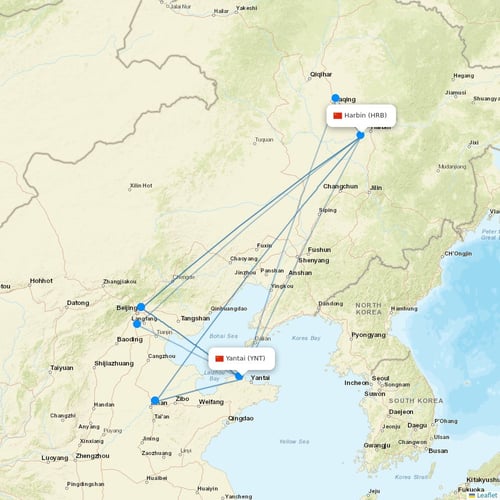 Qingdao Airlines flights between Yantai and Harbin