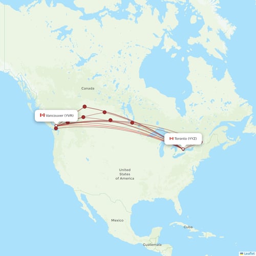 WestJet flights between Vancouver and Toronto