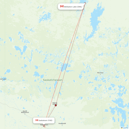 Transwest Air flights between Saskatoon and Wollaston Lake