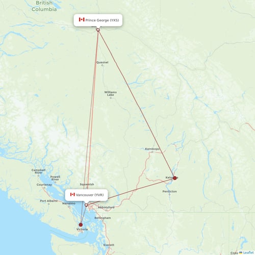 WestJet flights between Prince George and Vancouver