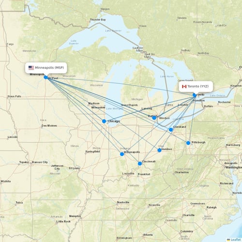 Sun Country Airlines flights between Toronto and Minneapolis
