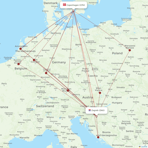 Croatia Airlines flights between Zagreb and Copenhagen