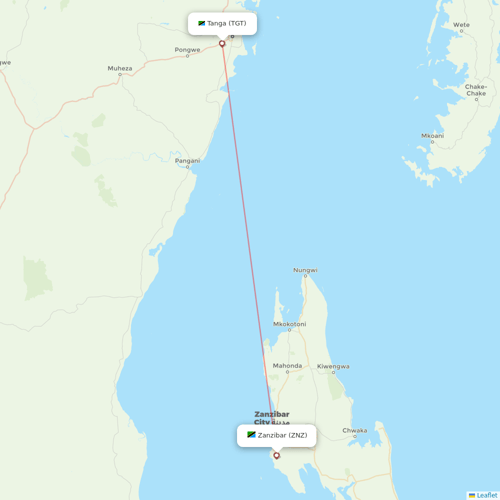 Auric Air flights between Zanzibar and Tanga