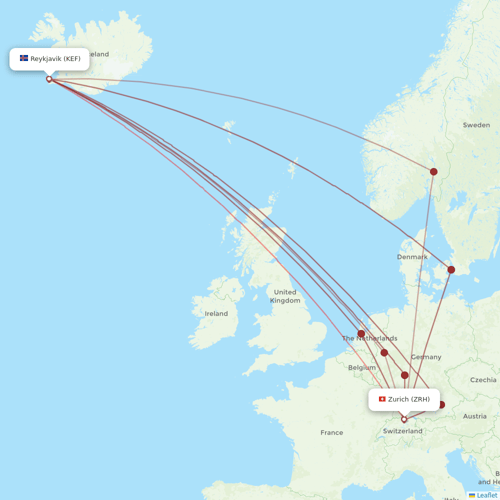 Icelandair flights between Zurich and Reykjavik