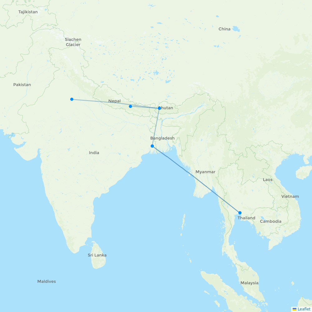 Bhutan Airlines destination map