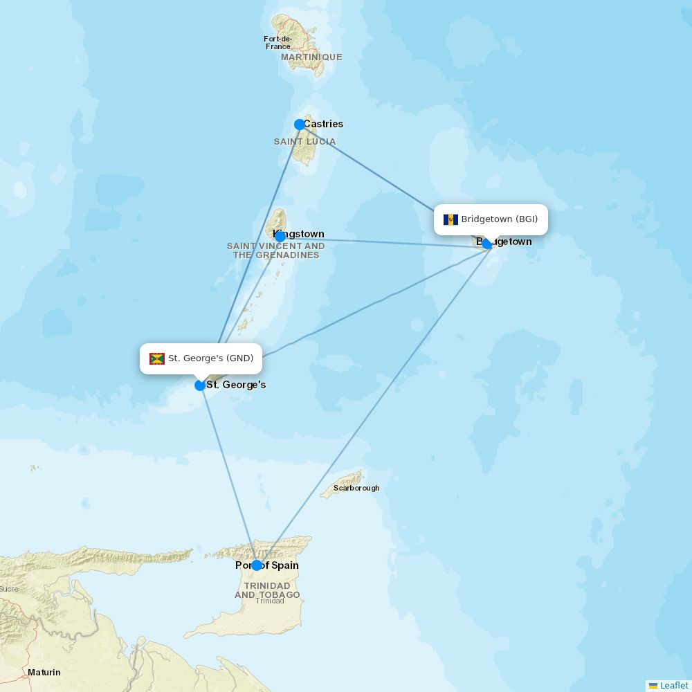 Caribbean Airlines routes (BW) 2026, map - Flight Routes