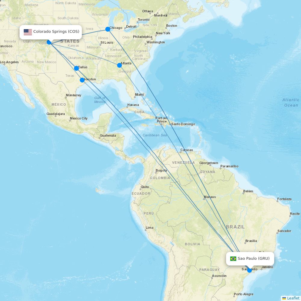 Flights from Colorado Springs to Sao Paulo, COS to GRU - Flight Routes