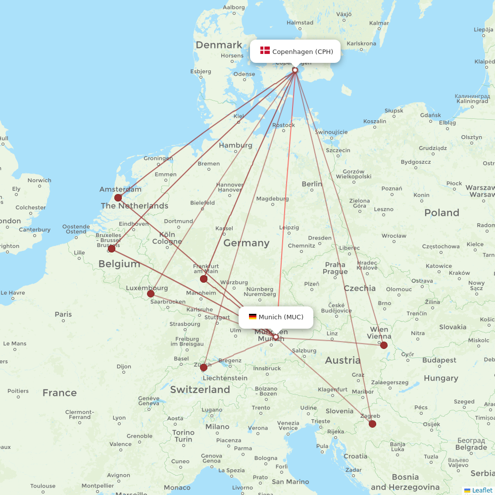 Lufthansa flights between Copenhagen and Munich