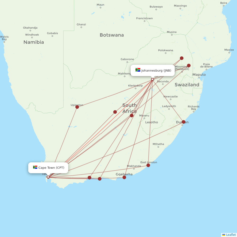 CPT to JNB flight route map