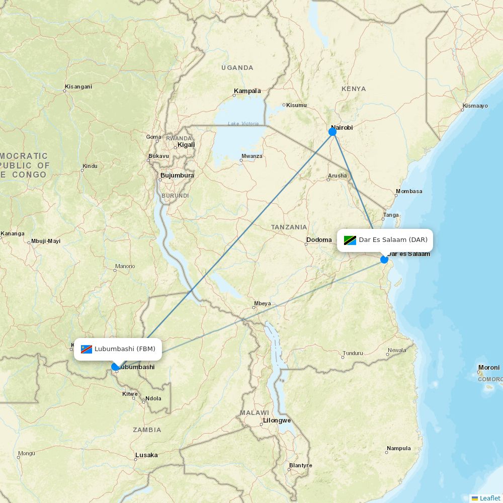 Air Tanzania airline routes (TC) map Flight Routes