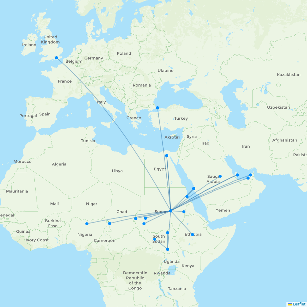 Badr Airlines destination map
