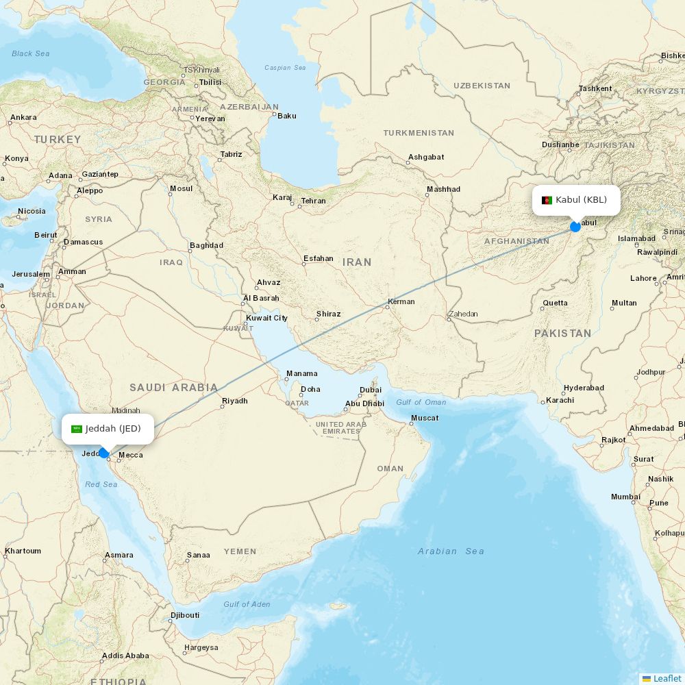 Kam Air airline routes (RQ) map Flight Routes