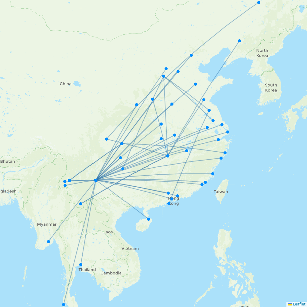 Kunming Airlines destination map