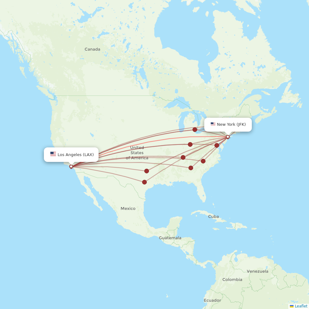 LAX to JFK flight route map