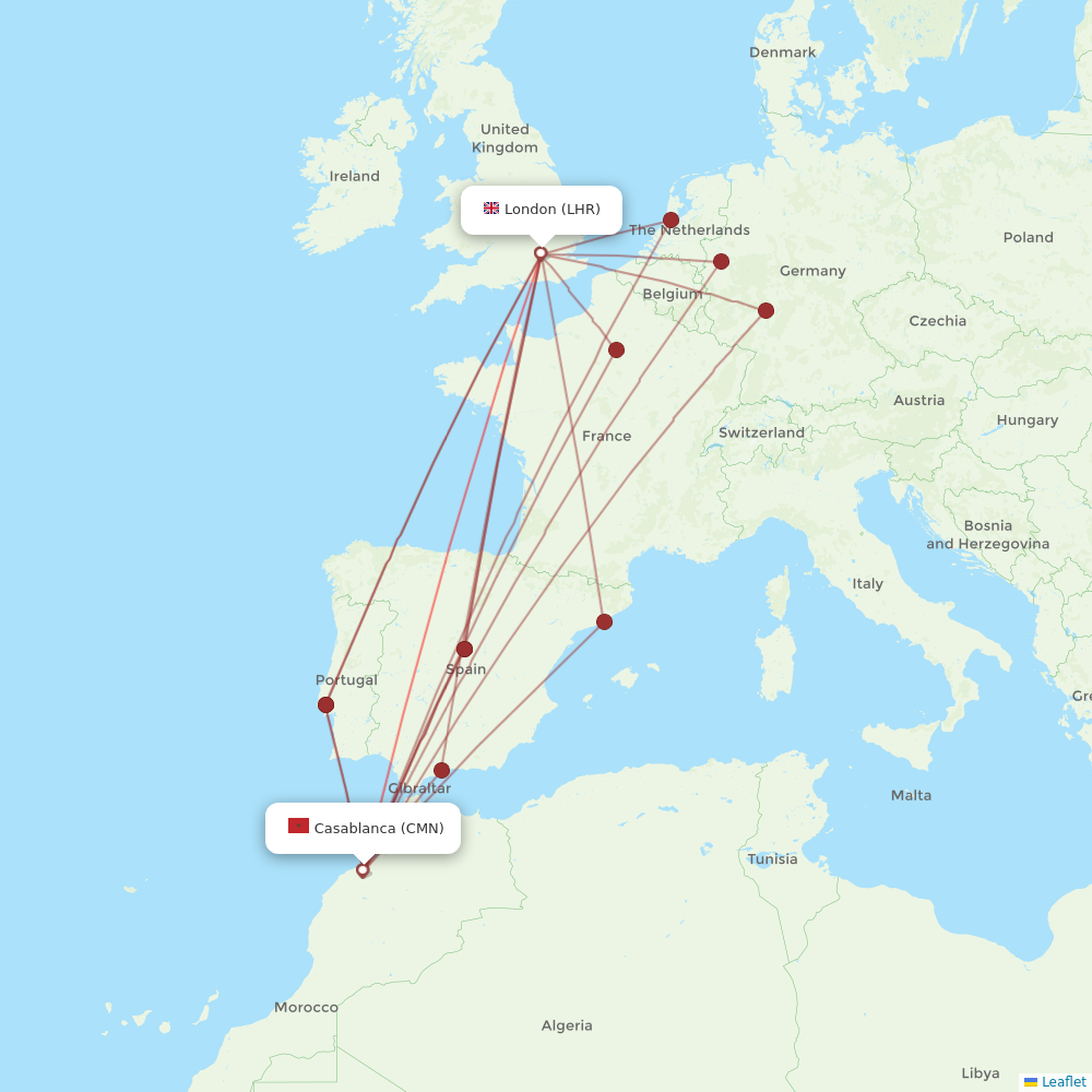 Royal Air Maroc airline routes (AT) - map - Flight Routes