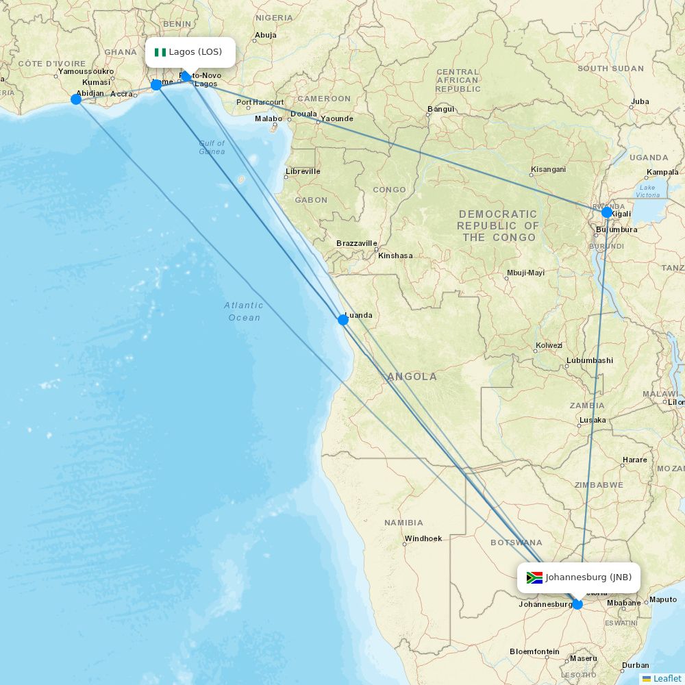 South African Airways airline routes (SA) 2026, map - Flight Routes