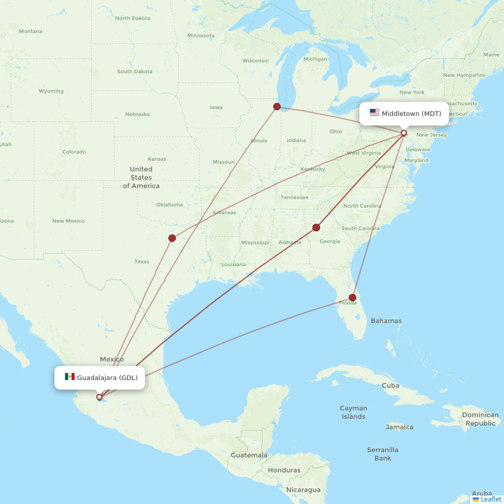 Flights from Middletown to Guadalajara, MDT to GDL - Flight Routes