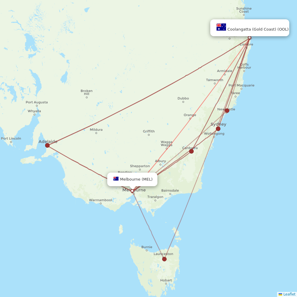 Jetstar flights between Melbourne and Coolangatta (Gold Coast)