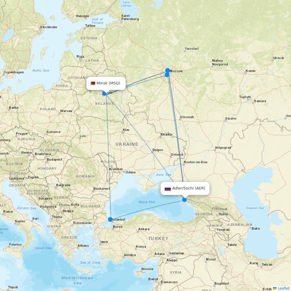 Belavia airline routes (B2) 2026, map - Flight Routes