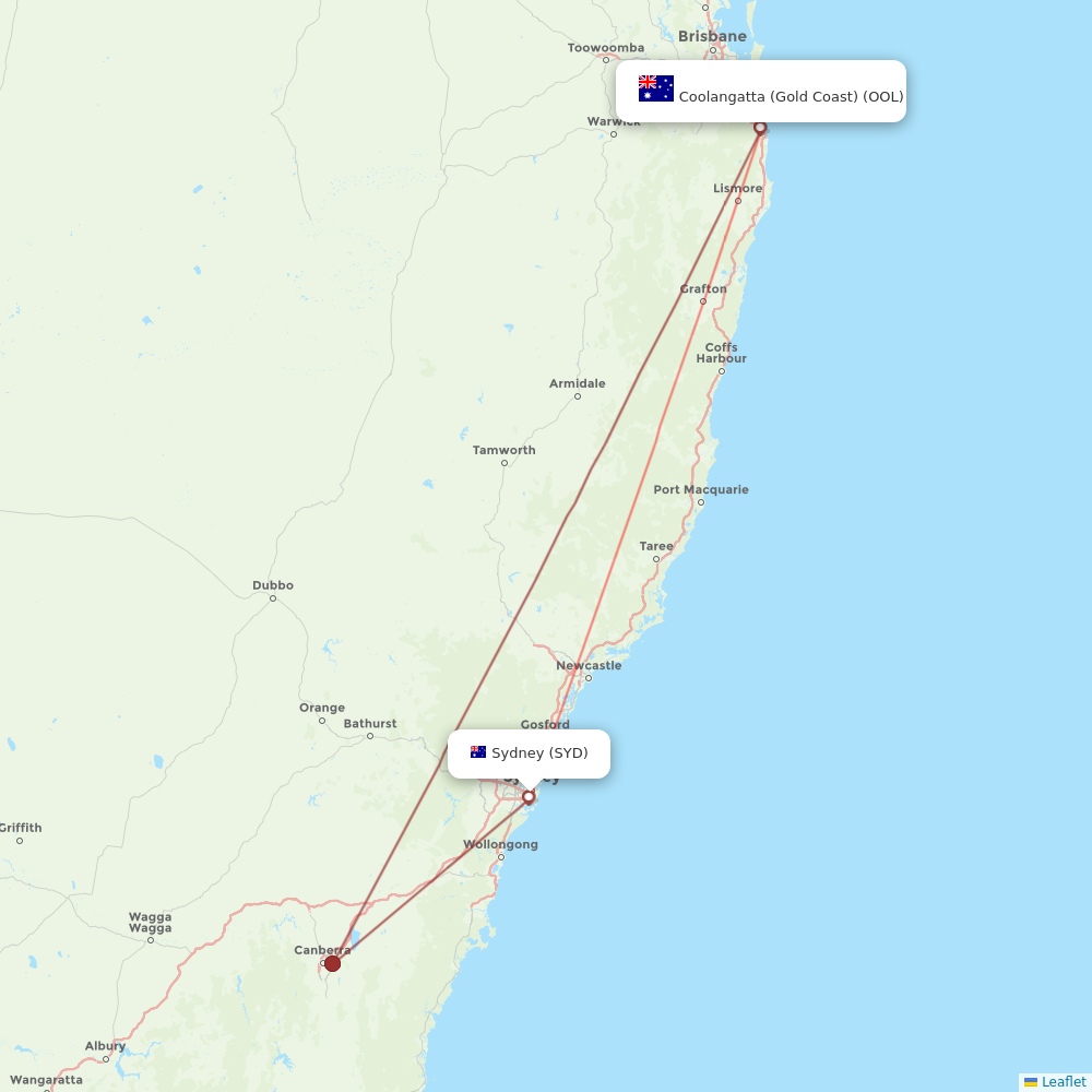 Jetstar flights between Coolangatta (Gold Coast) and Sydney