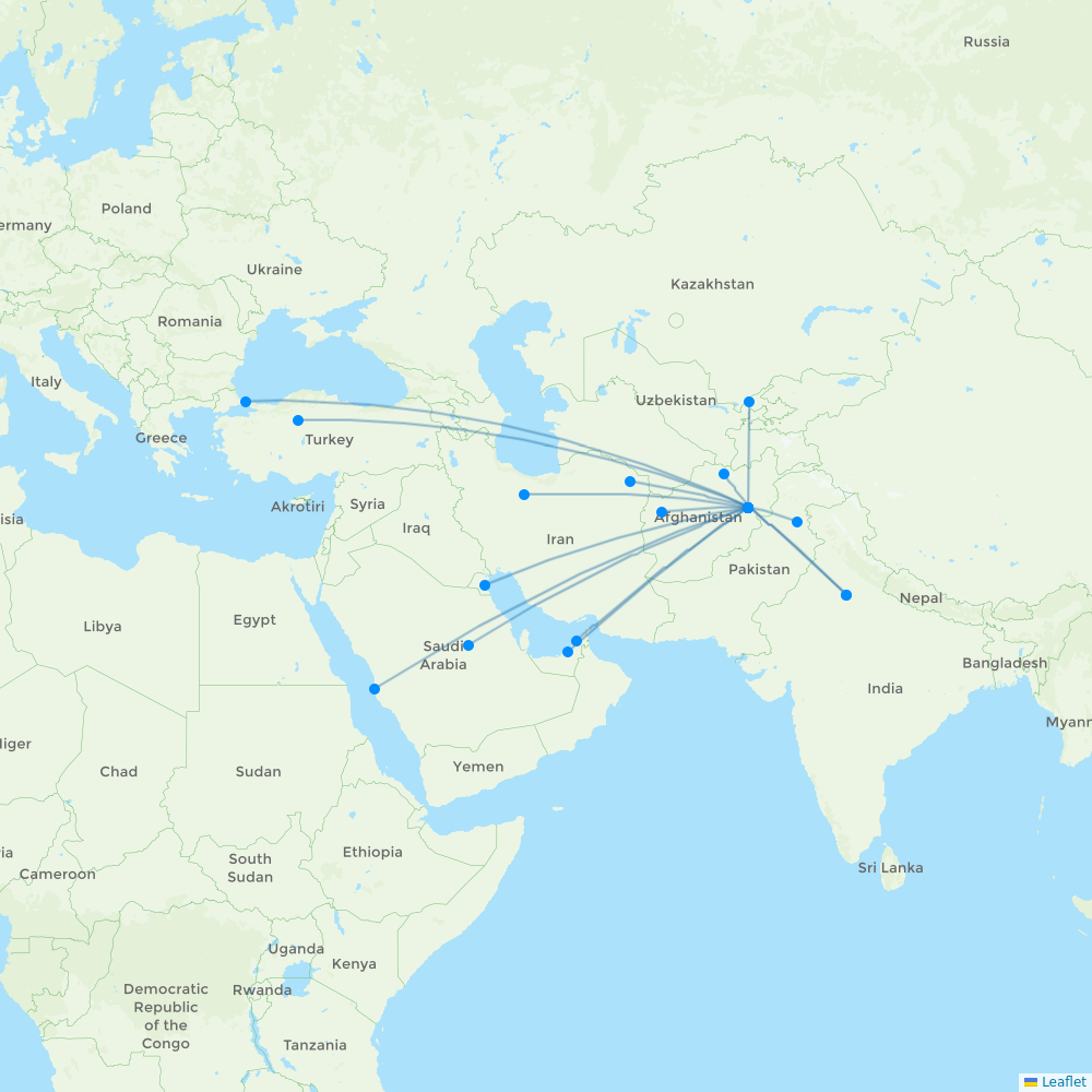 Kam Air destination map