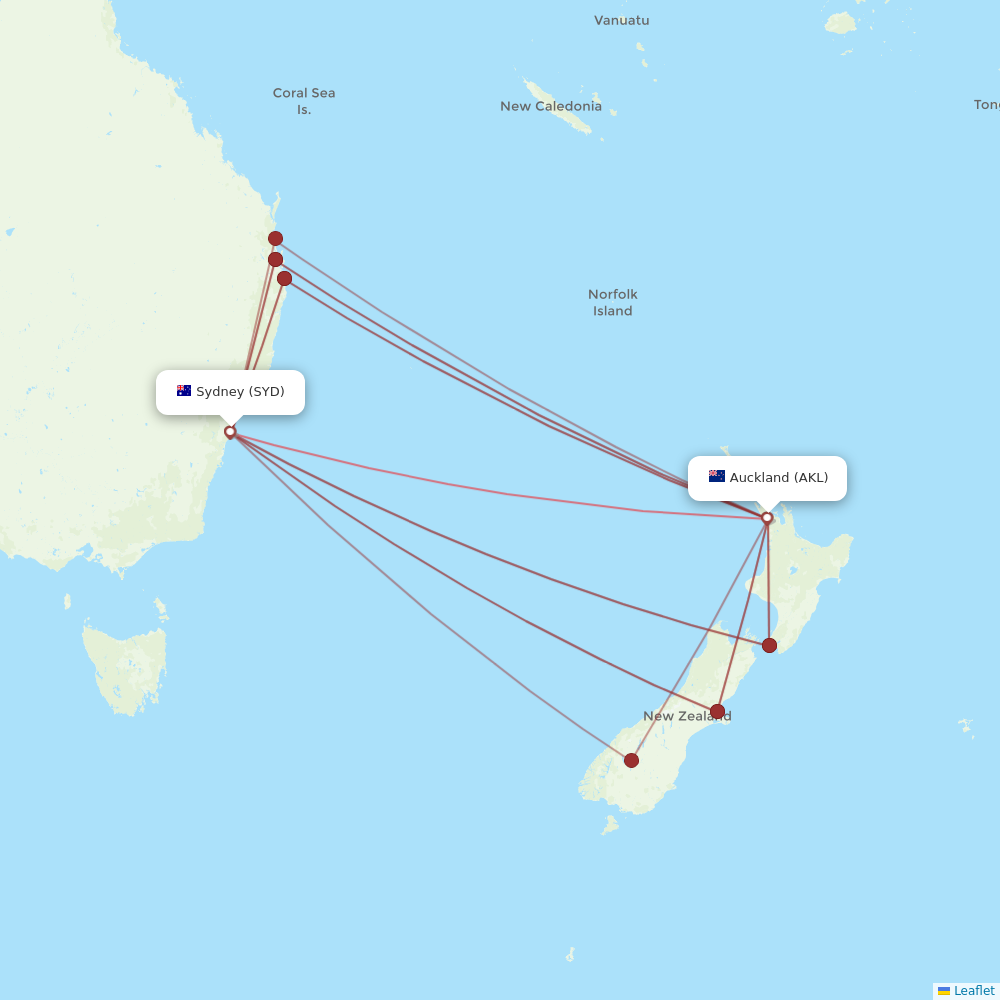 Qantas flights between Sydney and Auckland